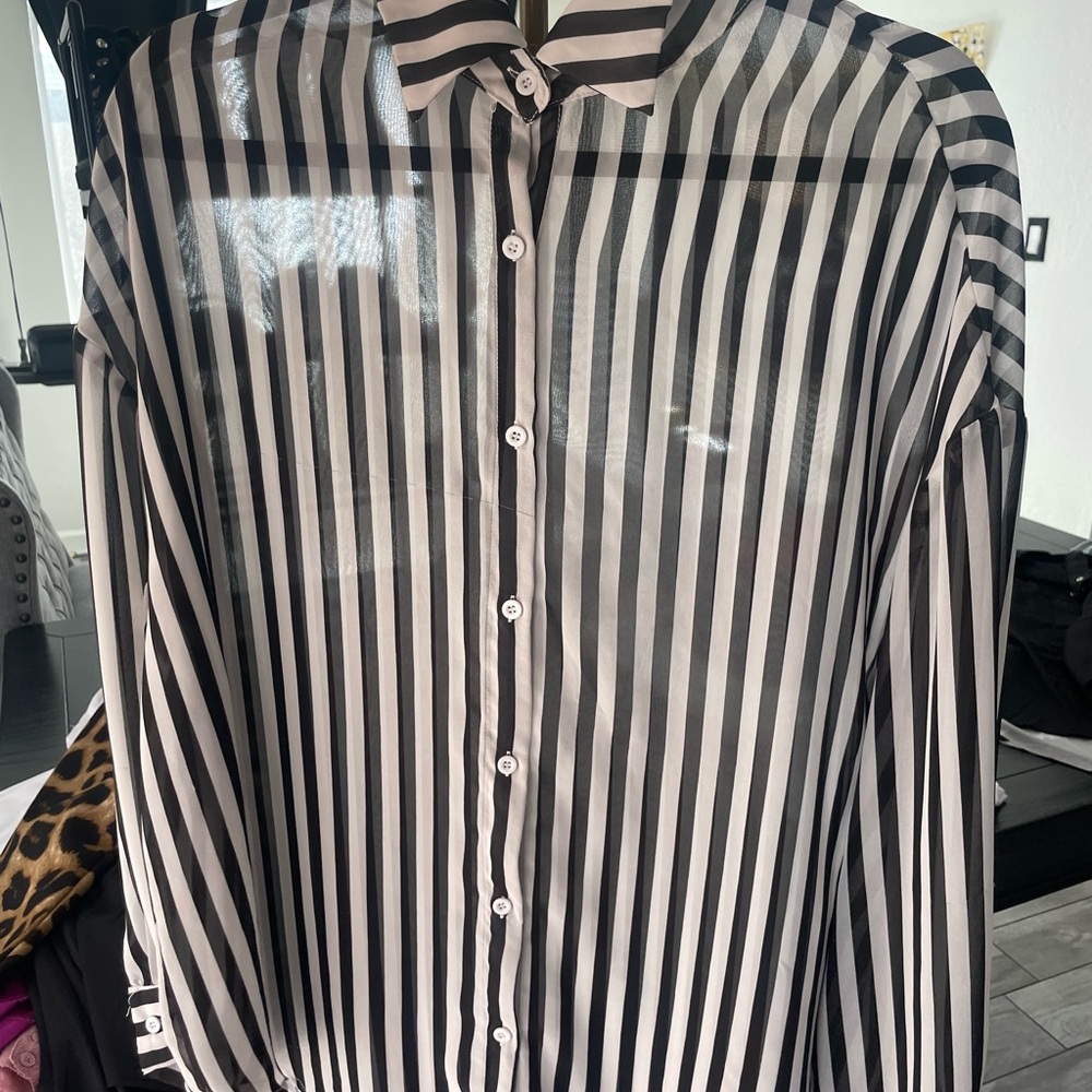 SHEIN Curve Black White Striped Blouse 1XL Sheer Button Up Trendy Top